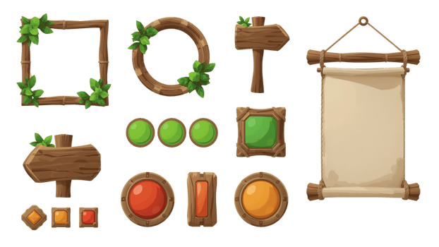Stylized game user interface assets featuring wooden frames, signs, buttons, and a scroll with png