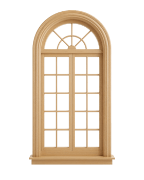 Elegant arched window frame craftsmanship showcasing meticulous wooden detailing, illuminated png