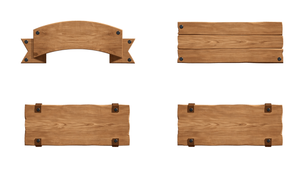 Rustic wooden sign collection for western themed backgrounds and decorative elements with isolated png