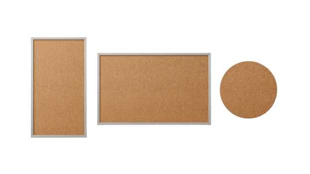 Arrangement of framed cork bulletin boards with light frames, rectangle and circle shapes, png