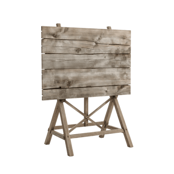 Rustic wooden signboard on easel, weathered texture surface, blank canvas ready for a message png