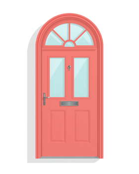 Elegant arched doorway in coral tones, featuring glass panels and a classic mail slot design png
