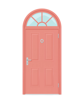 Elegant coral-colored arched door with window pane design offers a glimpse into possibilities with png
