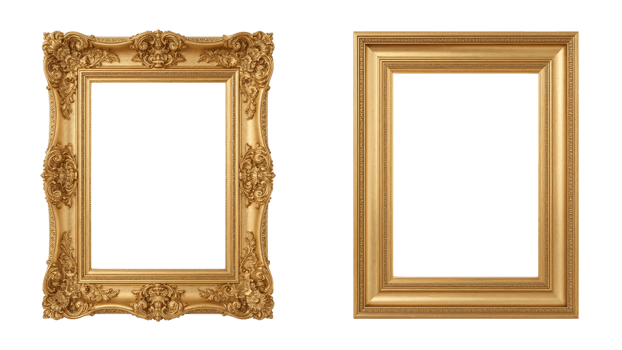 Elegant golden frames, one ornate and one simple, offering artistic presentation options for your png