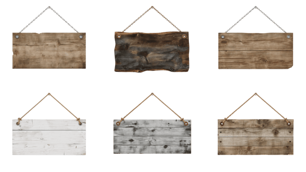 Collection of weathered wooden signs with rope hangers on an isolated transparent background png