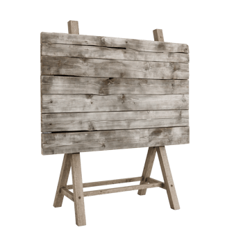 Aged timber easel, weathered wood construction display, rustic advertisement stand on isolated png