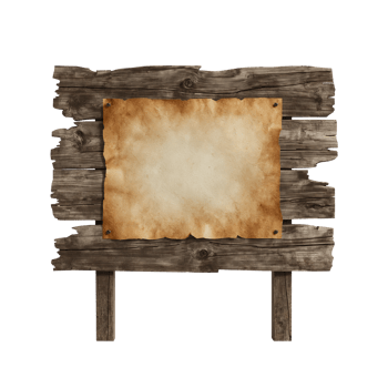 Weathered wooden signboard with antique parchment offering a rustic and timeworn aesthetic for png