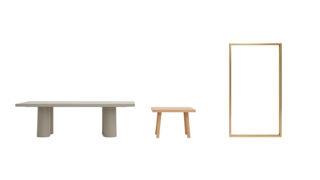 Elegant furniture arrangement featuring a minimalist table, stool, and a golden frame isolated png