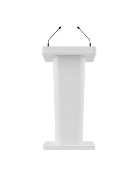 Elegant white podium with dual microphones conveys authority and professional communication on a png
