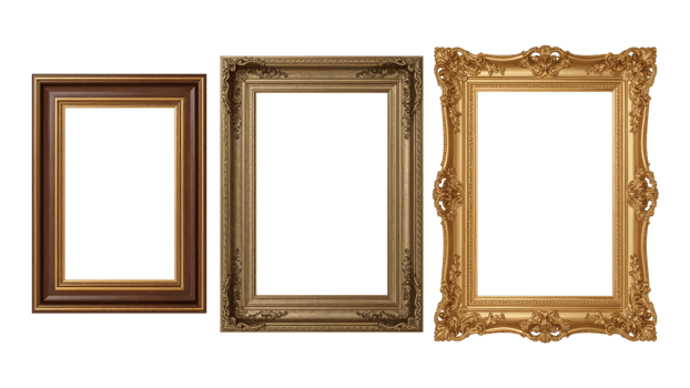 Elegance in Isolation. Three Antique Picture Frames showcasing decorative gold and wood png