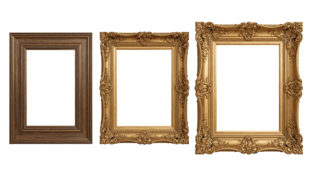 Selection of intricately designed picture frames displaying ornate carvings and vintage aesthetics png