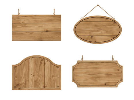 Variety of rustic wooden signboards with different shapes on an isolated transparent background png