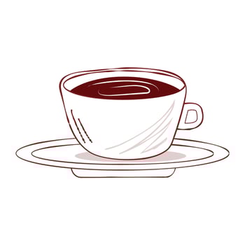 Minimalist coffee cup sketch, elegant black and white outline, steaming espresso on plate, vector
