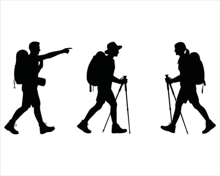 Hikers with backpacks and trekking poles on white background vector