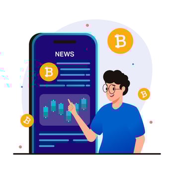 Person viewing Bitcoin news on smartphone vector