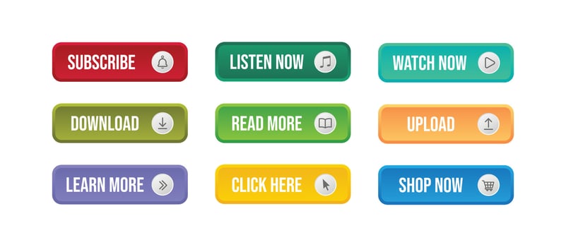 Colorful rectangular call-to-action buttons with text labels including subscribe, listen now, watch now, download, read more, upload, learn more, click here, and shop now vector