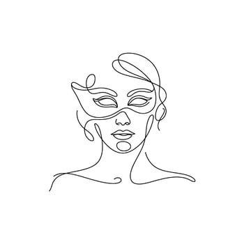 elegant Minimalist Line Art Depicting a Woman's face with a Mysterious Mask Covering Her eyes vector