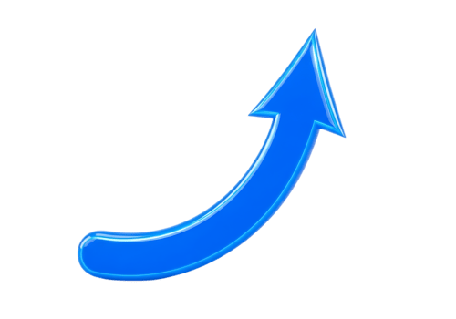 Glossy blue curved arrow pointing upwards isolated on transparent background png