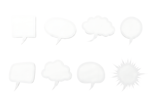 Collection of eight diverse white comic book speech bubbles and thought bubbles isolated on transparent background png