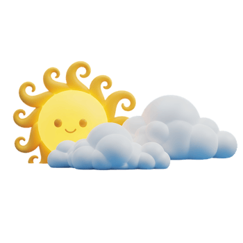 A cheerful cartoon sun with a smiling face peeking from behind fluffy white clouds isolated on transparent background png