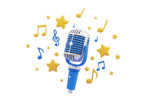 Retro blue microphone surrounded by golden stars and musical notes isolated on transparent background png