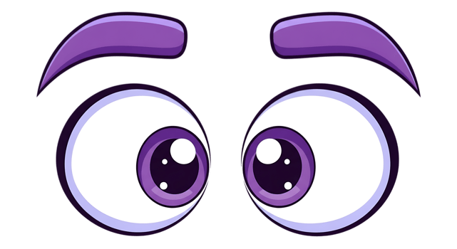 Cartoonish purple eyes looking sideways with thick eyebrows isolated on transparent background png
