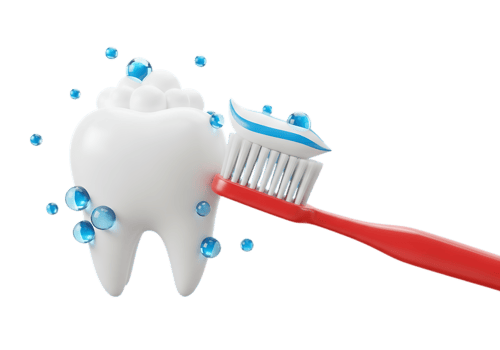 A bright white tooth being cleaned with a red toothbrush and toothpaste surrounded by blue bubbles isolated on transparent background png