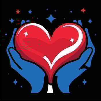 Two blue hands gently holding a large red heart with sparkles vector