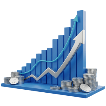 3d blue bar chart with upward trend arrow and stacked coins isolated on transparent background png