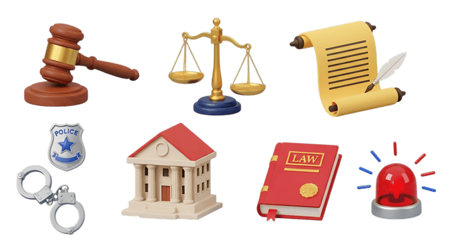 Collection of legal and justice symbols including gavel scales of justice scroll handcuffs and police badge isolated on transparent background png