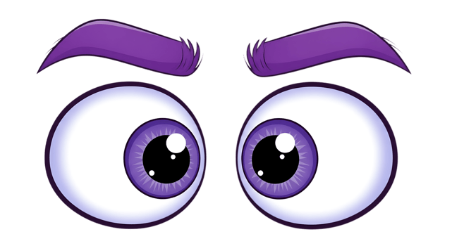 Cartoonish purple eyes and eyebrows expressing surprise or suspicion isolated on transparent background png