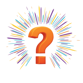 Bright orange question mark surrounded by colorful bursting rays of light on transparent background png