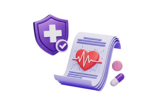 3d medical health insurance concept with heartbeat ekg report shield and pills isolated on transparent background png