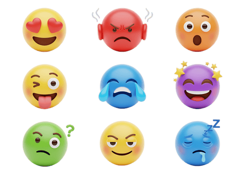 A collection of nine distinct emoji faces expressing a range of emotions including love anger surprise and laughter isolated on transparent background png