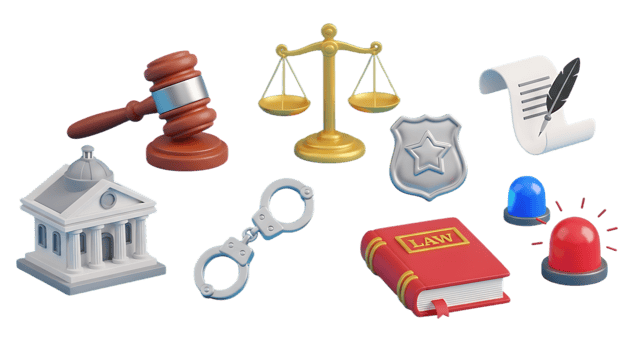 Collection of legal and justice symbols including a gavel scales of justice handcuffs and a courthouse isolated on transparent background png