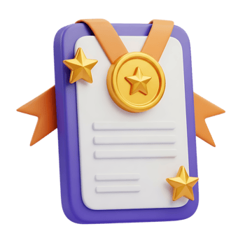 A 3d rendered certificate with a gold medal and stars signifying achievement and recognition isolated on transparent background png
