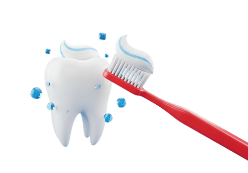 A bright white tooth being brushed with a red toothbrush and toothpaste isolated on transparent background png