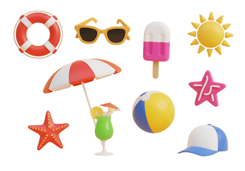 Collection of summer vacation icons including a lifebuoy sunglasses popsicle sun starfish umbrella cocktail beach ball and cap isolated on transparent background png