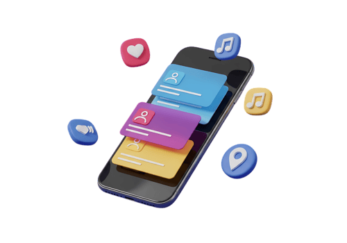 3d rendering of a smartphone displaying stacked credit cards with floating social media and location icons isolated on transparent background png