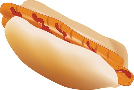 Delicious hot dog with ketchup resting on a white background vector