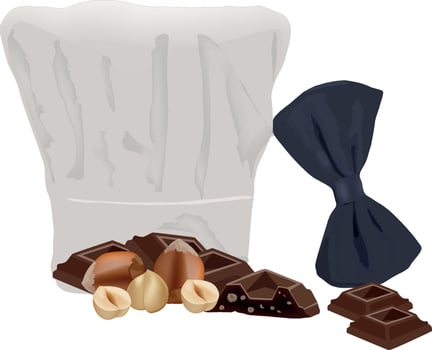Chef hat, bow tie and chocolate with hazelnuts suggesting gourmet dessert creation vector