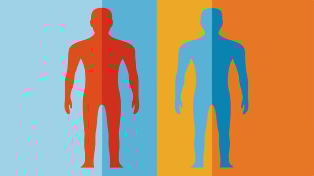 Dual Image Comparison Two sidebyside silhouettes the left in neutral color and the right in a thermal color scheme highlighting temperature differences in various body parts.. vector