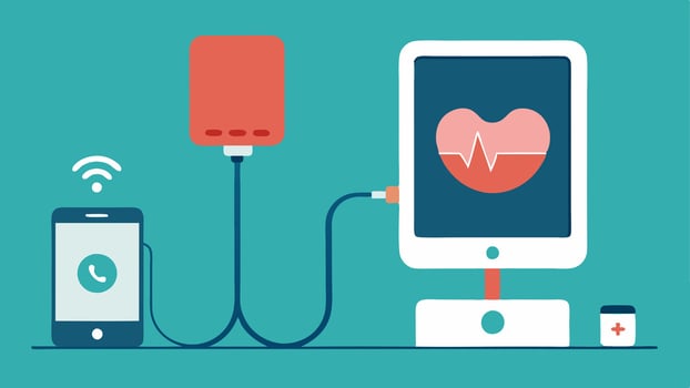 Charging A scene depicting the ultrasound device being charged on a wireless pad next to a smartphone illustrating convenience and modern technology.. vector