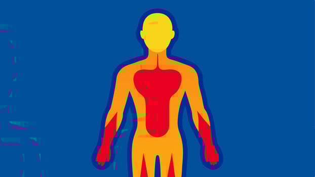 Focused Scan Area A image of a person with a highlighted thermal scan area around joints and muscles emphasizing potential circulatory issues with bright colors.. vector