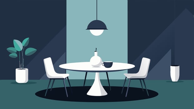 A minimalist dining room with a round black table sculptural white chairs and a large pendant light.. vector