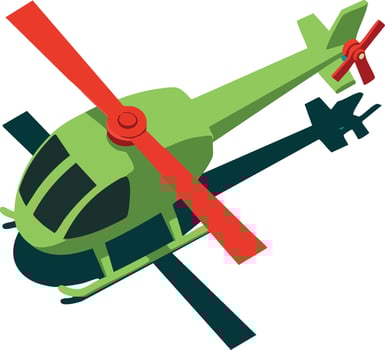 Green helicopter with red rotor blades flying top view illustration in isometric style vector