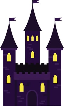 Dark purple medieval castle with glowing yellow windows and three towers illustration vector