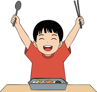 Happy cheerful child excited to eat meal with spoon and chopsticks raised in hands illustration vector