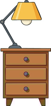 Adjustable desk lamp with yellow shade on wooden three drawer nightstand illustration room furniture design vector