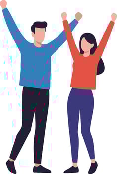 Young man and woman celebrating with raised arms in casual colorful clothing illustration vector